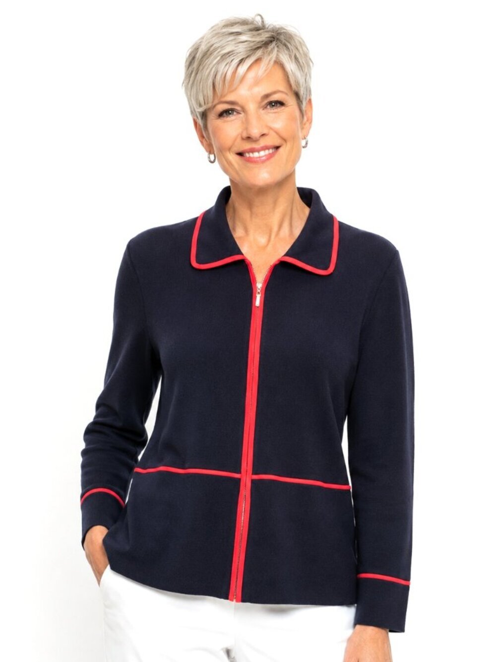 Vintage Misook Black Red Trim Knit Full Zip Cardigan Sweater